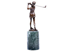 Lade das Bild in den Galerie-Viewer, Skulptur Golfspielerin aus Bronze auf grünem Marmor Sockel
